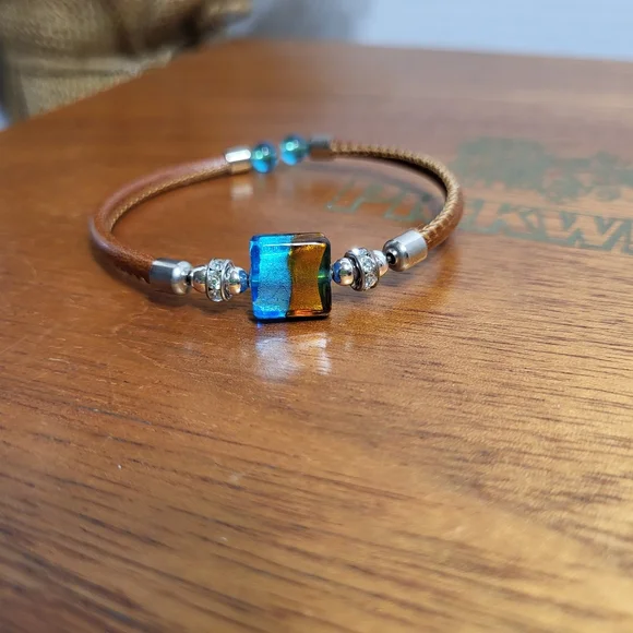 Amber and Blue Dichroic Glass Faux Leather and Rhinestone Tension Bracelet - Picture 7 of 12